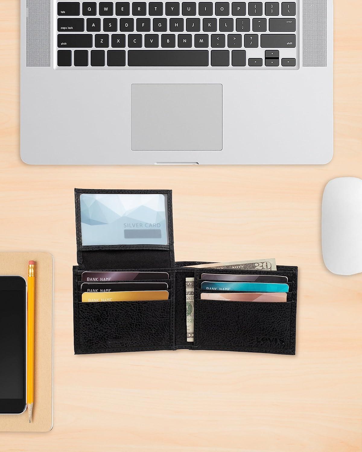 imageLevis Mens Classic Bifold Passcase Wallet with Multiple Card Slots and Id WindowBlack Embossed