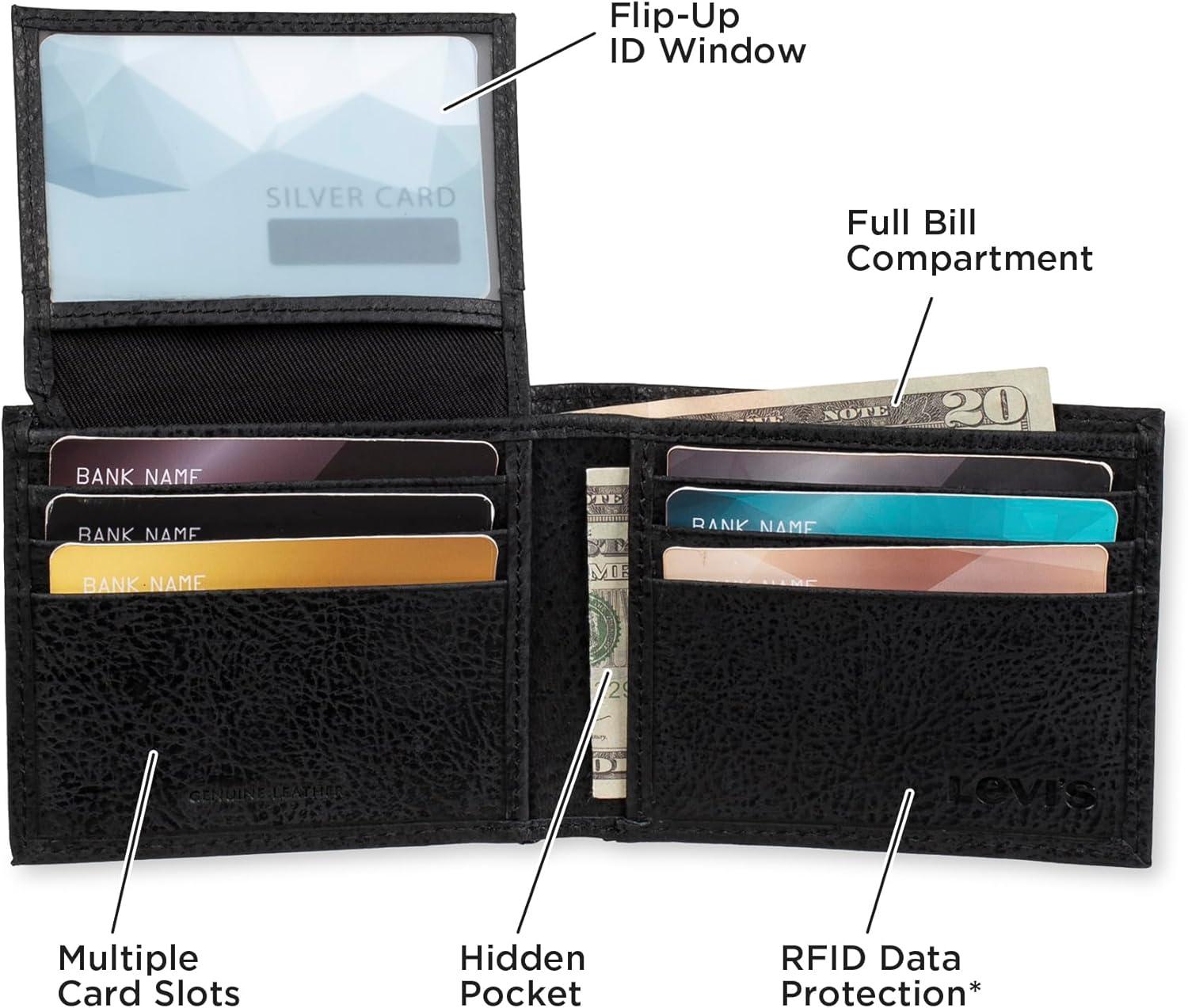 imageLevis Mens Classic Bifold Passcase Wallet with Multiple Card Slots and Id WindowBlack Embossed