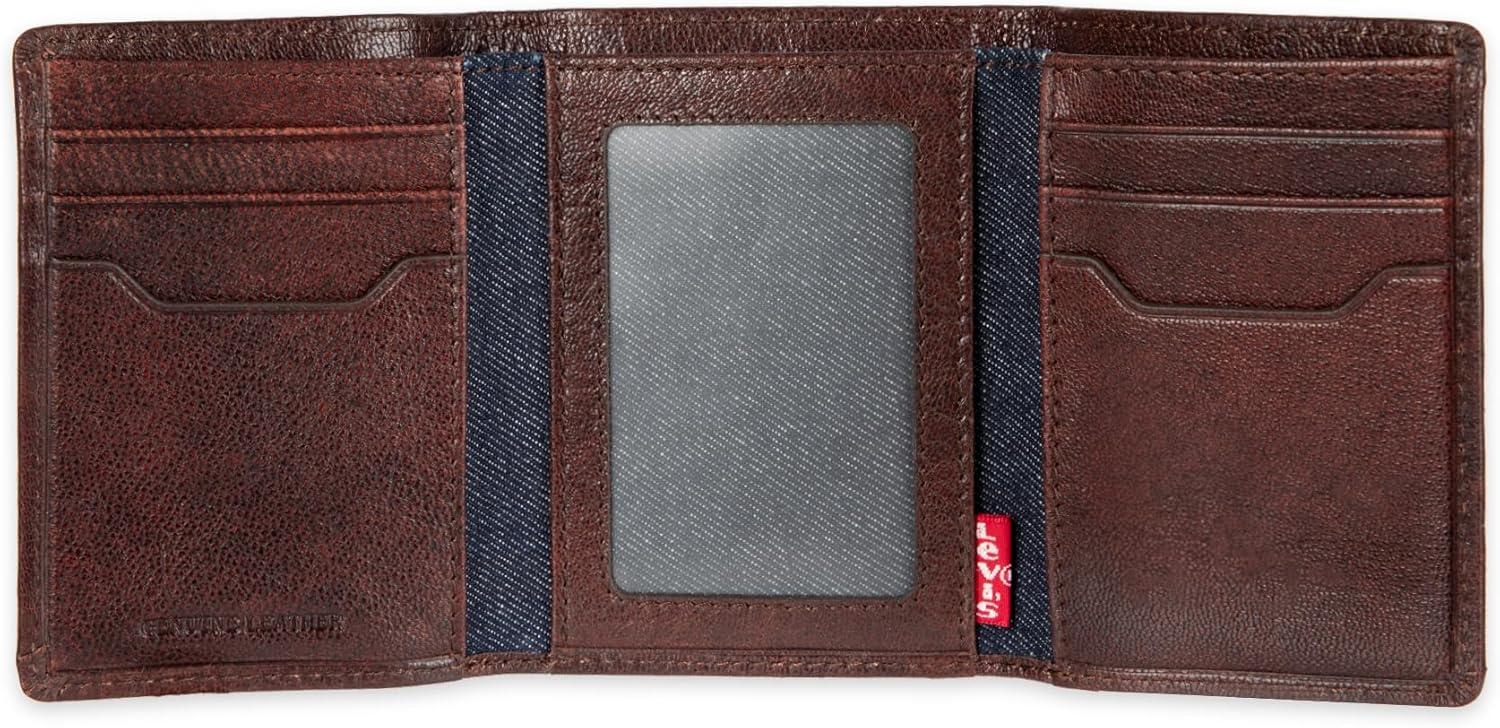 imageLevis Mens Trifold WalletSleek and Slim Includes Id Window and Credit Card HolderBrown Heavy Stitch