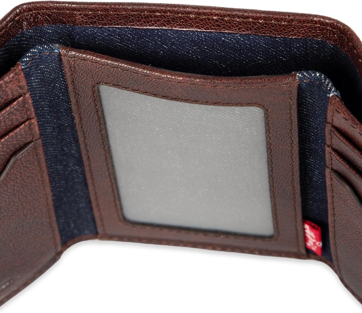 imageLevis Mens Trifold WalletSleek and Slim Includes Id Window and Credit Card HolderBrown Heavy Stitch