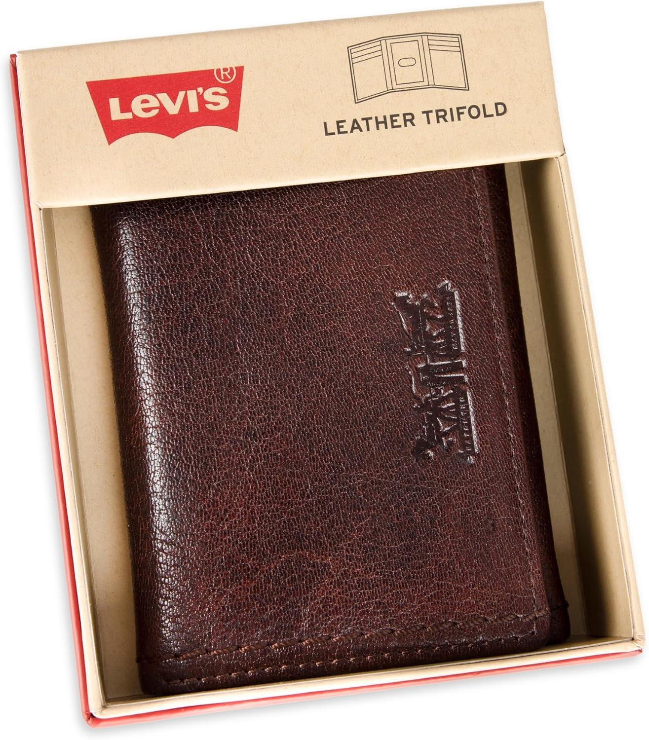 imageLevis Mens Trifold WalletSleek and Slim Includes Id Window and Credit Card HolderBrown Heavy Stitch