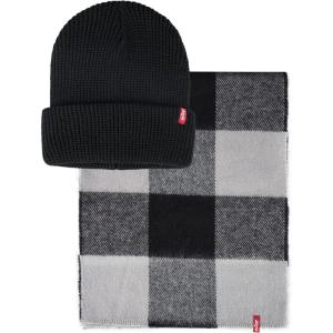 imageLevis Mens Classic Winter Warm Knit Beanie Hat and Scarf SetBlack Plaid