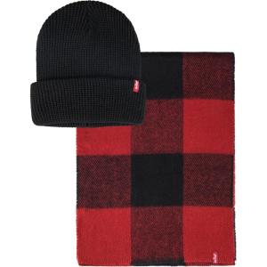 imageLevis Mens Classic Winter Warm Knit Beanie Hat and Scarf SetRed Plaid