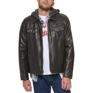 imageLevis Mens Faux Leather Hooded Trucker Jacket with Sherpa Lining Regular ampamp Big ampamp Tall SizesDark Brown