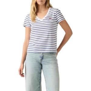 imageLevis Womens Perfect VNeck TShirtNew Emily Stripe Bright White Sunshine Blue