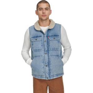 imageLevis mens Mixed Media Quilted Puffer Jacket With Sherpa Lined Collar Regular and Big amp Tall SizesLight Wash Denim Vest