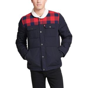 imageLevis mens Mixed Media Quilted Puffer Jacket With Sherpa Lined Collar Regular and Big amp Tall SizesNavyPlaid