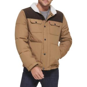 imageLevis mens Mixed Media Quilted Puffer Jacket With Sherpa Lined Collar Regular and Big amp Tall SizesNew TanDark Brown