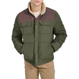 imageLevis mens Mixed Media Quilted Puffer Jacket With Sherpa Lined Collar Regular and Big amp Tall SizesOliveDark Brown